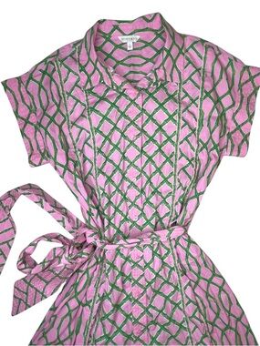 Crown & Ivy Pink Green Bamboo Print Shirt Dress Size L Belted Preppy